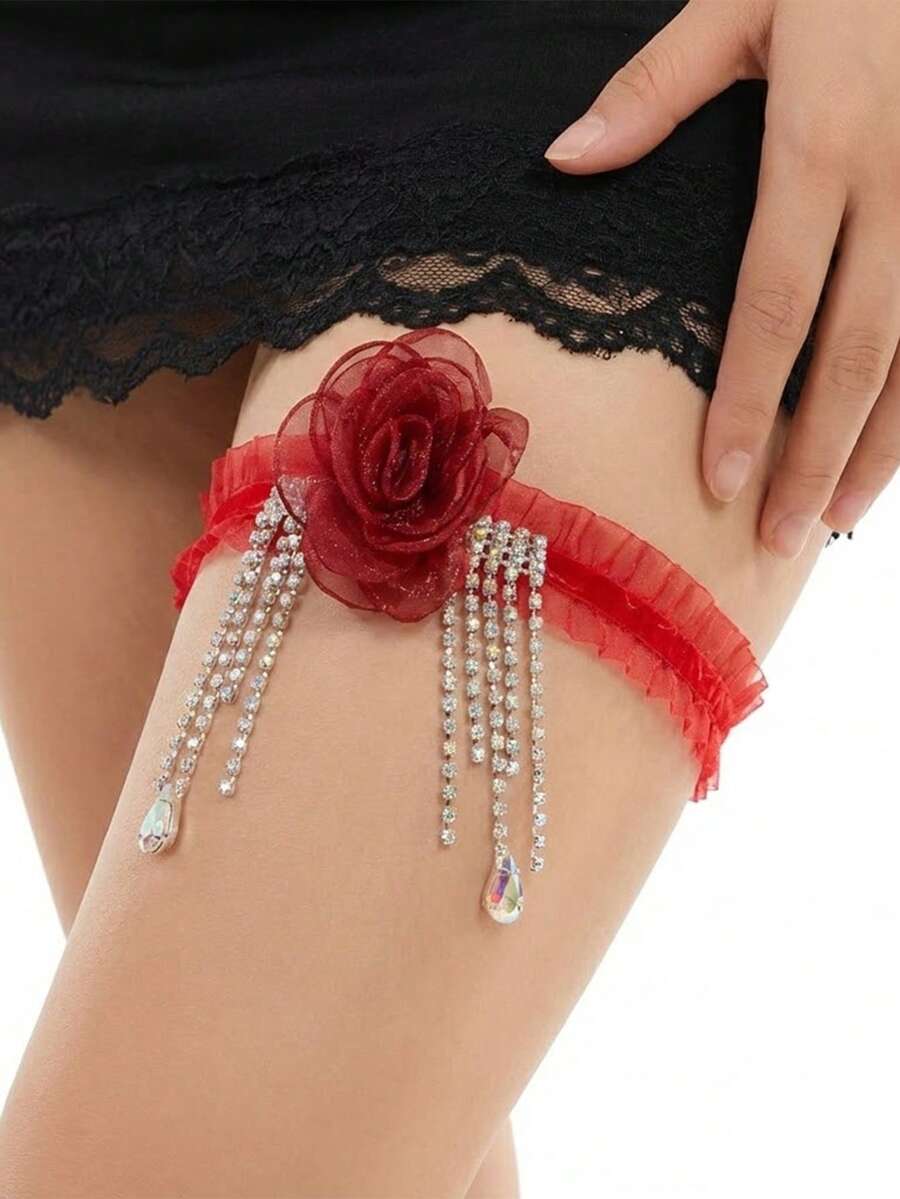 Dây đeo chân cô dâu kiểu Âu và Mỹ, hoa trà, có thể có vị mặn hoặc ngọt, vòng đeo chân ren co giãn gợi cảm. - Đỏ - Xem 1