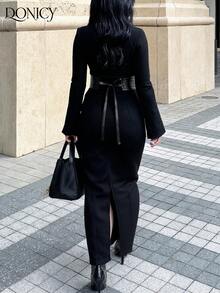 DONICY 女士纯色修身长款圆领连衣裙，适合休闲、居家、外出、摄影和购物等场合。 - 黑色 - 查看 3