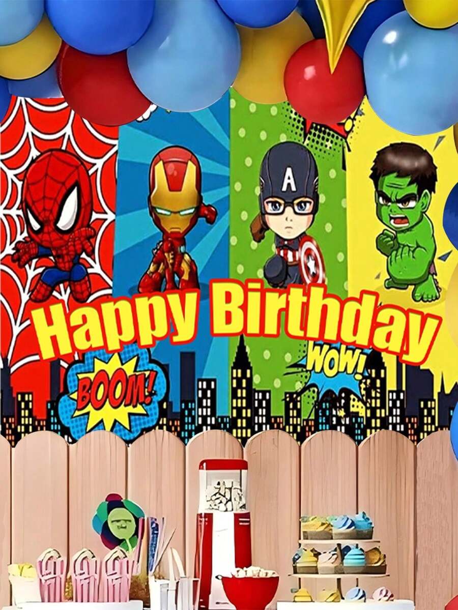 Marvel 100*150厘米生日派对装饰背景布，生日摄影横幅，涤纶派对背景布，复仇者联盟主题生日派对纸盘装饰，超级英雄主题生日派对桌布和餐具，生日派对用品 - 多色 - 查看 1