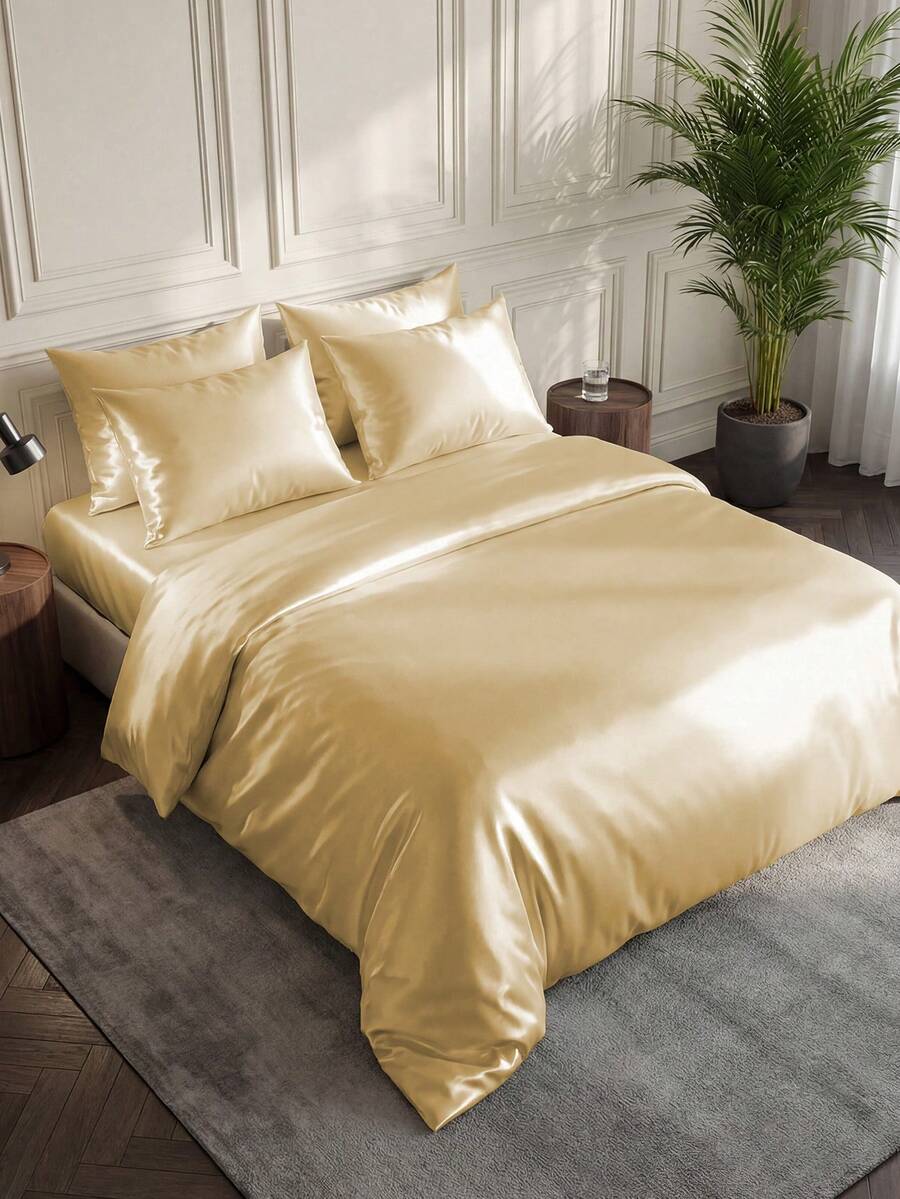 2/3pcs Solid Color Duvet Cover Set, Bedding Set, Fashionable And Simple Quilt Cover, With Zipper Closure Corner Ties, Washed Microfiber Duvet Cover, Soft, Skin Friendly, And Breathable, Lightweight And Ailky Smooth, Ideal Easter Gift, For Mother's Day Gift, Perfect Holiday Gift, Suitable For All Seasons, Bedding Set, Soft Comfortable Duvet Cover, Home Decor, Twin/Queen/King,1pc Duvet Cover And 1/2pcs Pillowcase - Gold - View 1