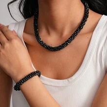 Bộ trang sức thủ công đính hạt pha lê đen gồm 1 dây chuyền và 1 vòng tay co giãn, phù hợp cho nữ, làm quà tặng và đeo hàng ngày. - bộ dây chuyền vòng tay - Xem 1