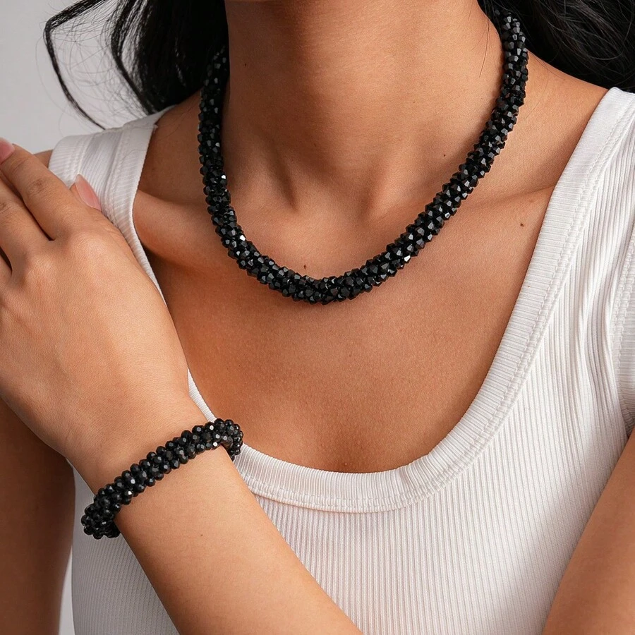Bộ trang sức thủ công đính hạt pha lê đen gồm 1 dây chuyền và 1 vòng tay co giãn, phù hợp cho nữ, làm quà tặng và đeo hàng ngày. - bộ dây chuyền vòng tay - Xem 1