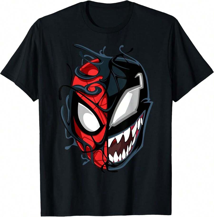 Spider-Man Maximum Venom Spider-Man Big Face T-Shirt Maija Women 100% Pure Cotton Casual Crew Neck Short-Sleeved T-Shirt, Slightly Elastic, Comfortable Knitted Fabric Suitable For All Seasons. - Black - View 1