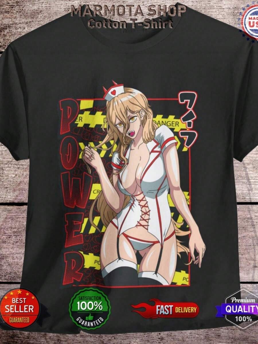 Power Waifu Ecchi Shirt Anime Tee T-Shirt Sexy Makima Kawaii Devil (10) - 黑色 - 查看 1