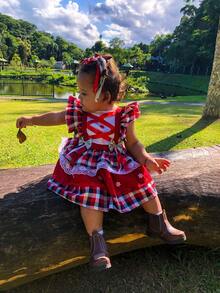 romper junino infantil jardineira junina bebe vestido quadrilha vestido são João menina - Vermelho - Visão 9