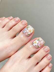 Uñas de verano, uñas cortas, uñas de los pies con flores lindas, uñas postizas - Rosa - Ver 7