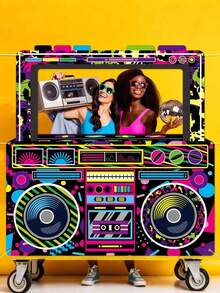 Accesorio de cabina fotográfica en forma de altavoz de radio retro de los años 80 y 90, telón de fondo de altavoz de radio vintage de 59 x 59 pulgadas para decoración de fiesta con tema de música hip hop, suministros de fiesta de los años 1980 - Multicolor - Ver 6