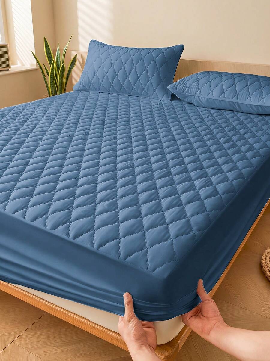 1pc Water Resistant Solid Color Bed Sheet, Only One Fitted Sheet ( Exclud Pillowcases And Pillows), Bedding, Multiple Color Choices, Soft And Comfortable Mattress Cover, Skin-Friendly Mattress Protector, Made Of Modern And Minimalist Fabric, For Twin, Full, King, Queen Size, Machine Washable, Dust-Proof Protection, Bedroom Decor, Room Decor, Bed Cover - Blue - View 1
