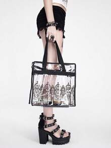 1个哥特风透明印花手提包，透明PVC单肩包，暗黑美学休闲手提包，适合日常和旅行，哥特风休闲手提单肩包 - 黑色 - 查看 5