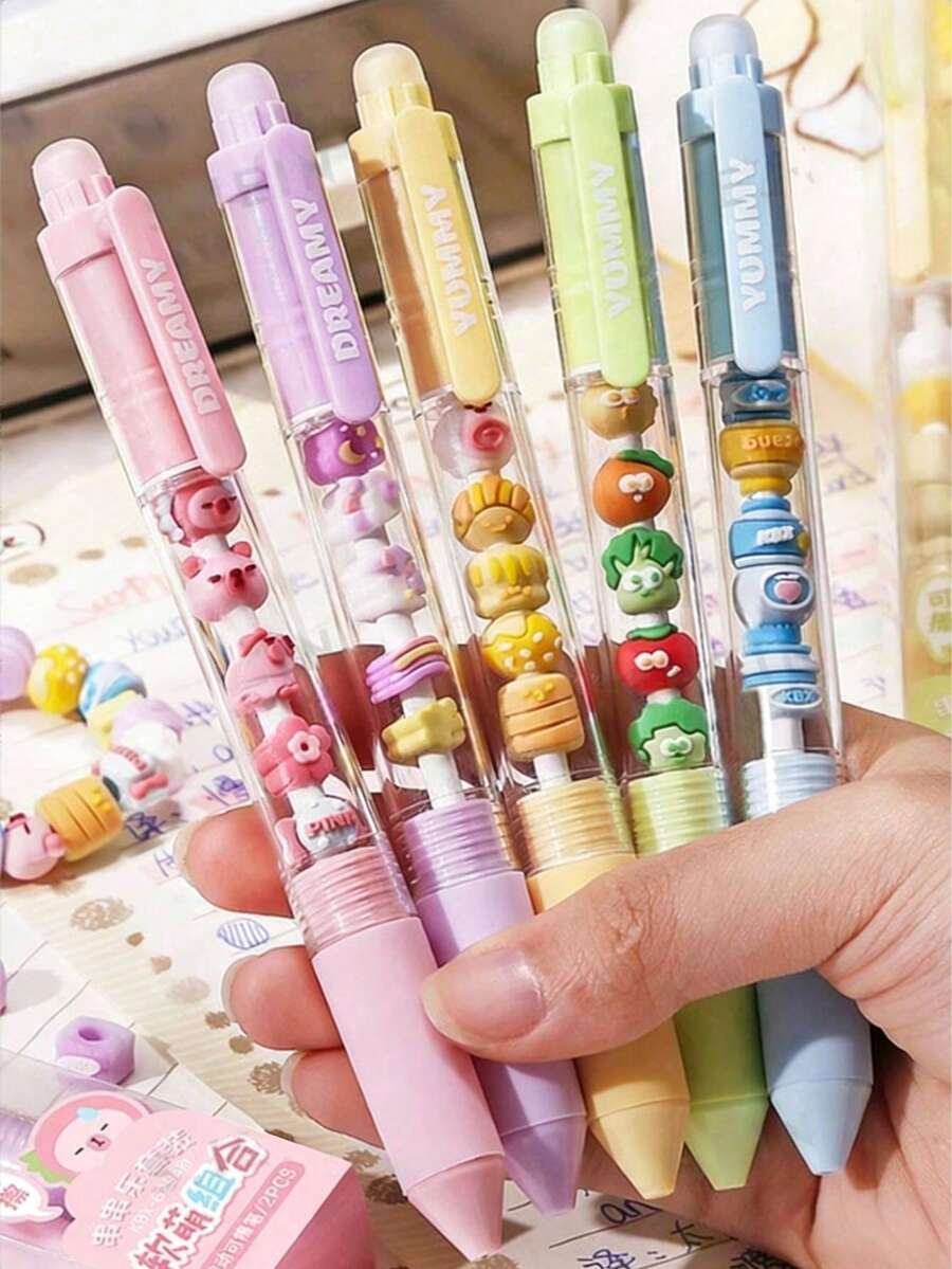 2pcs Cute Retractable Ballpoint Pens, 0.5mm Tip, Student DIY Stationery, Smudge-Proof, Smooth Writing, Comfortable Grip, Suitable For Exams, Office, Signatures, Male/Female Students, School, Stationery, Learning Supplies (Black Ink Non-Erasable, Blue Ink Erasable), Essential For Back To School Season - 彩色 - 查看 1