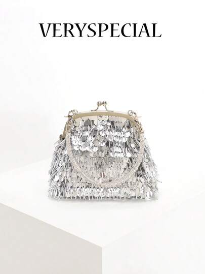 1pc Glittering Gold Handbag, New Luxury Shiny Gold/Silver Beaded, Sequin, Rhinestone Decor Clutch Bag, Elegant Glamorous Evening Bag, Suitable For Bride, Wedding, Party, Banquet