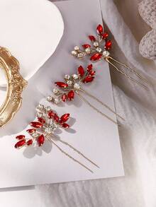 3pcs Vintage Luxury Crystal Red Diamond Leaf Gold Hair Clip Set, Romantic Wedding Party Hair Accessory - Red - View 12
