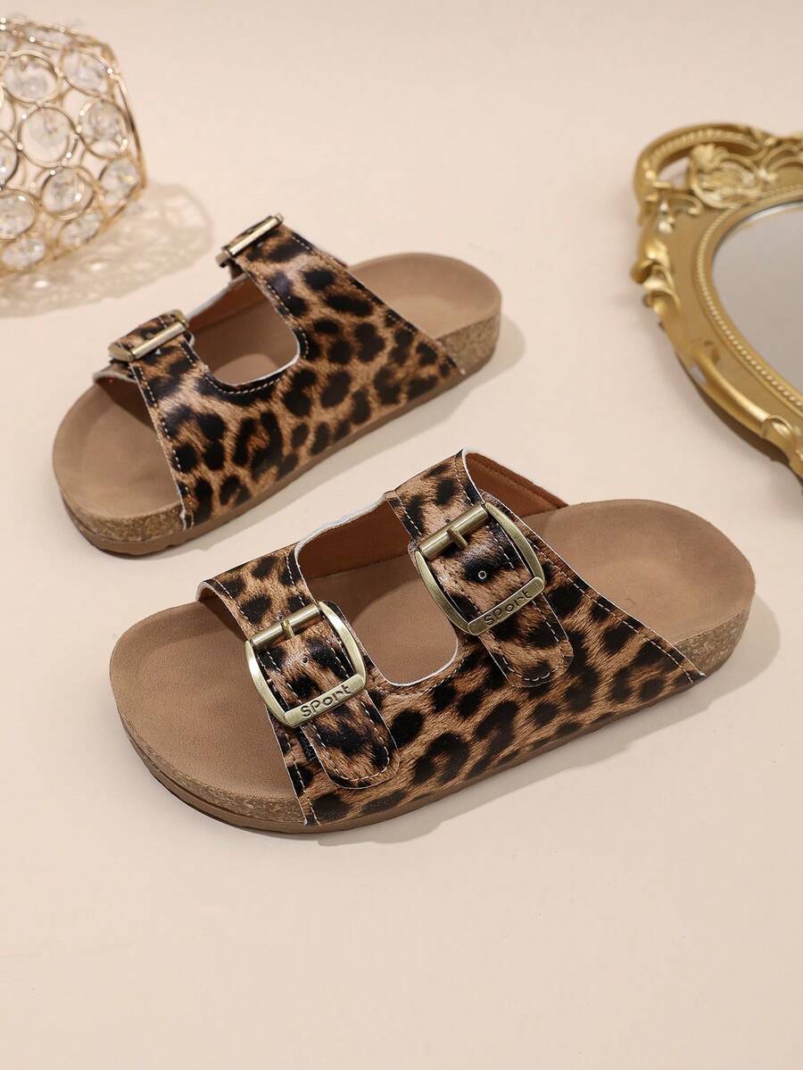 Girls' Adjustable Lace-Up Leopard Plaid Print Casual Soft Cork Sole Slippers - Brown - View 1