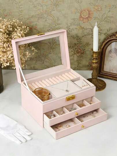 1个全新三层首饰盒，PU皮革小巧首饰收纳盒，多功能首饰整理盒，迷你首饰盒，化妆品和指甲油收纳盒，耳环、项链、戒指等小巧首饰盒，旅行必备，邮轮必备，戒指、项链、耳环收纳盒，女士旅行配件