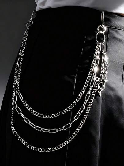 1 pieza Cadena de cinturón de pantalones con pentágrama de estilo hip-hop, cadena de metal de varias capas a la moda para jeans, estilo unisex para hombres y mujeres