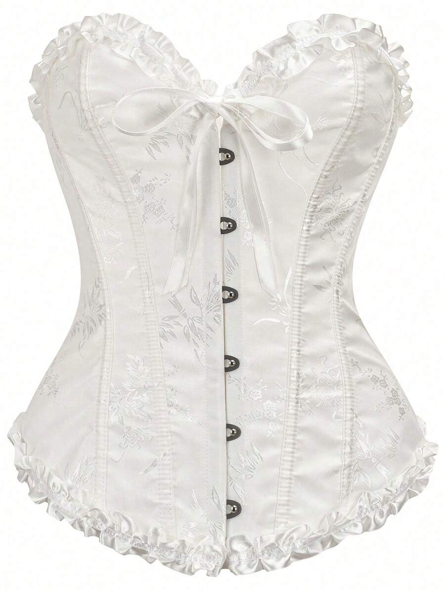 女士提花系带露背塑身衣上衣，新年派对、情人节、节日上衣、束身衣、毕业度假白色夏季