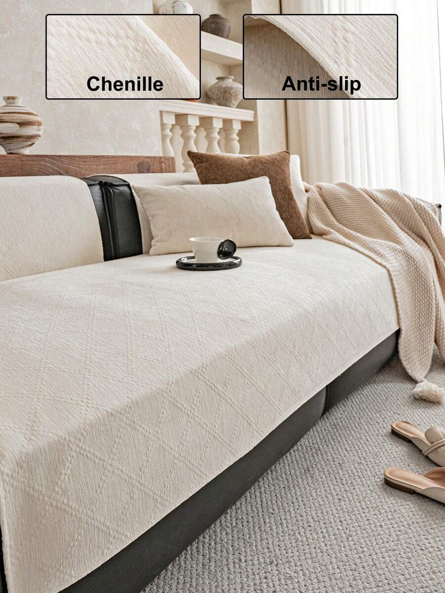 1pc Solid Color Chenille Linen-Like Textured Sofa Cover, Minimalist Ins Style Design, Pet Friendly, Durable & Washable, Suitable For Living Room, Bedroom, Study, Outdoor, Fits 1/2/3/4 Seater Sofa - Beige - View 1