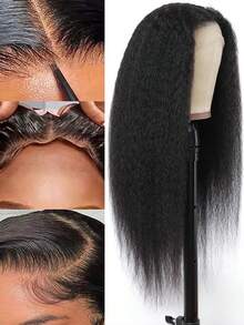 Tóc giả Yaki Straight Lace Front Blended Hair Wigs, mật độ 180%, kích thước 13x4, kiểu tóc xoăn tự nhiên, màu sắc trung bình. - Tự nhiên & Đen - Xem 3