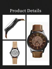 Fossil Townsman ME3155 男士黑色离子镀不锈钢黑色镂空表盘自动机械皮表 - 棕色 - 查看 5