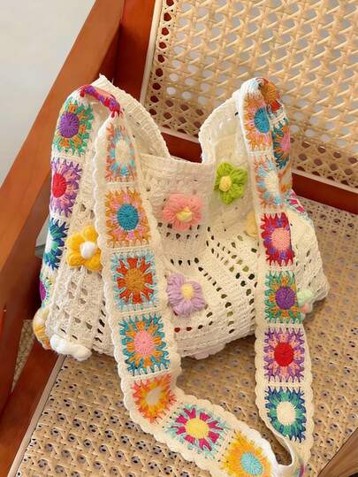Vintage Hollow Floral Contrast Color Casual Crossbody Bag (Flower Color And Placement Random)