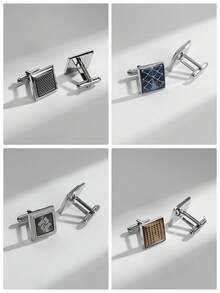 4 pares de gemelos de diseño de cuadrícula cuadrada de cobre, accesorios clásicos para hombres con caja de regalo - Multicolor - Ver 2