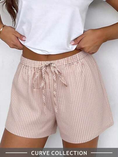 Women's Plus Size Plaid Shorts With Drawstring Waist, Casual Versatile Daily Shorts For Wedding, Brunch, Beach, Vacation & Mother's Day Pink