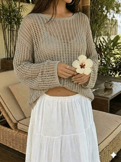 Minimalist Mesh Hollow Knit Sweater, Women's Sheer Long Sleeve Cover-Up