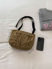 1个休闲可折叠腰包，多功能拉链封口，可调节肩带，适合日常使用、通勤、送礼、上学、大学生使用，简约褶皱方形卡其色单肩布包 - 卡其色 - 查看 2