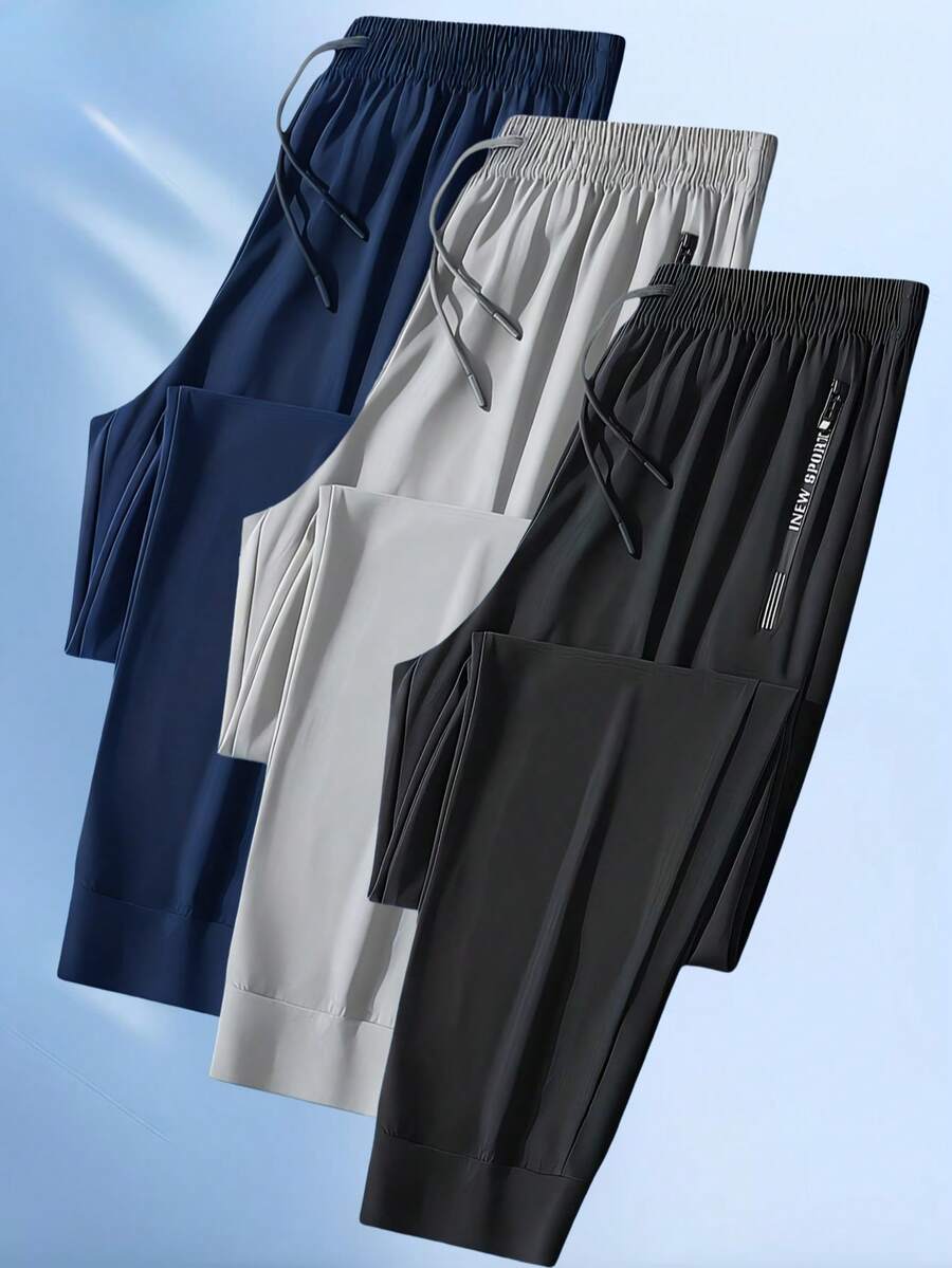 Men's Black Quick-Dry Casual Sports Pants, Drawstring Waist With Side Zipper Pockets, Adjustable Drawstring Waistband, Versatile For Daily Fitness & Casual Wear - Black - View 1