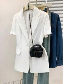 Women's Short Sleeve Solid Color Blazer Jacket, With Collar, Front Button And Pockets, Multifunctional Business Casual Coat, Suitable For Office, Commuting, Home And Daily Wear, Spring/Summer/Autumn - White Short-sleeved Shirt - View 4