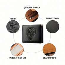 Men's Business Wallet 1PC Black PU Leather 3D Embossed Lion Slim Three-Fold Wallet Functional Design Gift For Men Wallet Purse Leather - Black - View 6