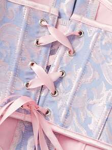 Sweet Pink & Blue Jacquard Waist Belt, Overlay Design With Back Tie, Slip-Resistant Metal Buckle, Versatile Slimming Waist Accessory, Corset - Powder Blue - View 5