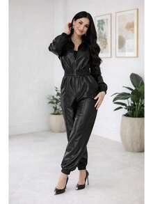 Women's Set: Long-Sleeved Blouse With Shoulder Pads And Jogger Pants In Thick Satin Crepe With Elastane, Fitted Cuffs, Stylish, Modern And Sophisticated - 黑色 - 查看 7