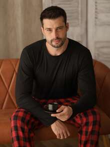 Men's Long Plaid Pajamas Cold Winter Flannel - 紅色 - 查看 1