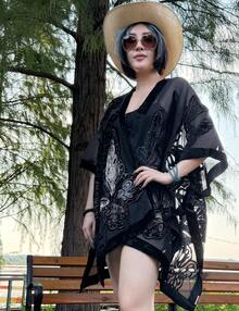 WeHello-Burnout Velvet Kimono For Women Long Cardigan Beach Cover Up Vacation Casual Shawl Swimwear Coverups Clothes Outfit Womenswear Chic Party Piece SpringStatements - 咖啡棕 - 查看 2