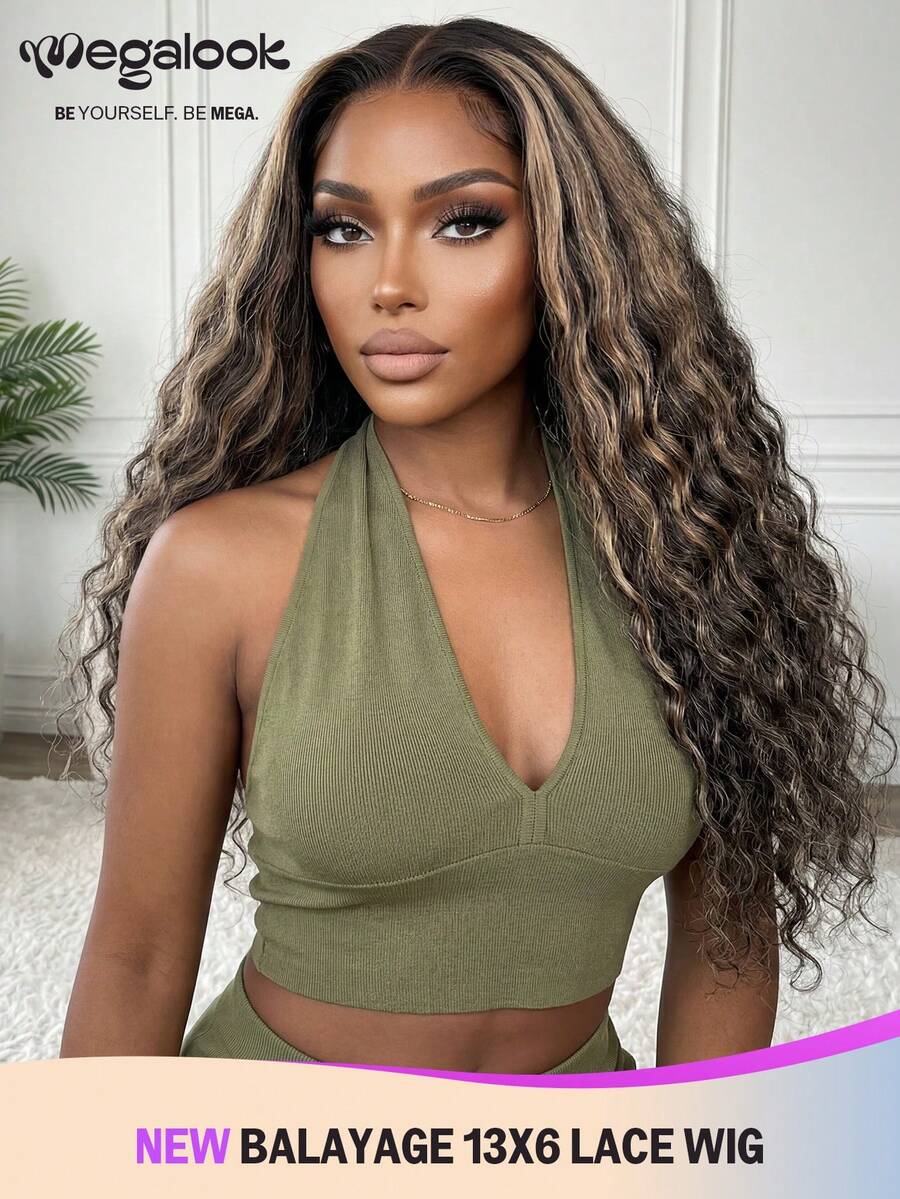 MEGALOOK 升级款 13x6 三合一™ 蕾丝前假发，真人发，挑染棕色波西米亚卷发，无胶耳到耳蕾丝前假发，自然黑色透明蕾丝，中号假发帽带抽绳，预剪漂白发结，预拔毛发际线，女士真人发假发 - S1/4/27 - 查看 1