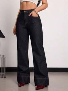 Tall Women's High Waist Pocketed Wide Leg Loose Casual Versatile Jeans Summer And Spring Valentine's Day Wedding Elegant Denim Jeans - Dark Wash - View 3