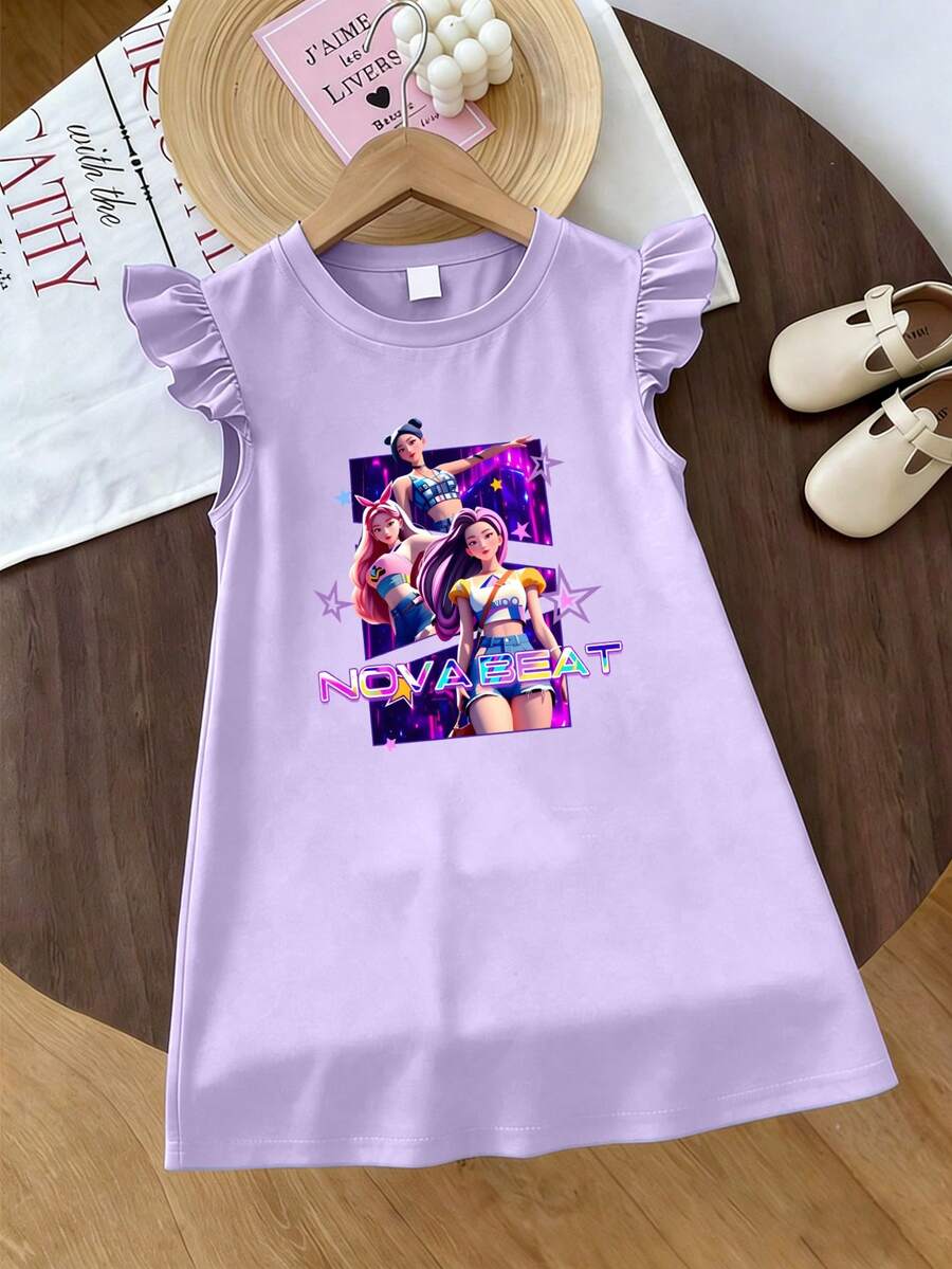 1pc Girls' Ruffle Sleeve Dress, Featuring "NOVA BEAT" Korean Style Graphic Print, Soft & Comfortable Fabric, Suitable For Daily Wear, Casual Outings, And Spring/Summer Gatherings - Mauve Purple - View 1