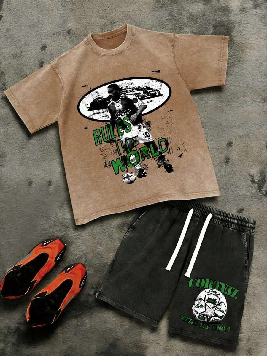 Men's Oversized Vintage Washed "CORTEIZ" Soccer Player Graphic T-Shirt & Shorts Two-Piece Set Summer Fashion Tracksuit  Printed Pure Cotton Washed And Aged With Wax Printing Technology, Pure Cotton Men's Suit - 淺棕色+黑色 - 查看 1