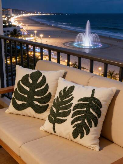 2件套椰叶刺绣枕套，毛绒波西米亚风抱枕套，适用于家居、户外、花园、派对、日常使用，45*45厘米（不含枕芯）