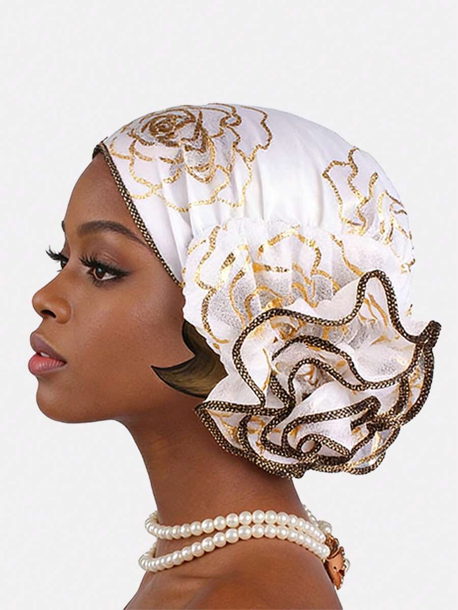 1件装女士金箔蕾丝头巾帽，穆斯林头巾，防脱发帽，适合日常佩戴 - 彩色 - 查看 1