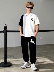 男童/幼儿/青少年夏季短袖 Polo 衫和抽绳裤两件套，撞色小鹿印花上衣和休闲裤 - 黑色 - 查看 10