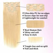 7pcs/Set 115g Seamless Clip-In Human Hair Extensions, Ombre Blonde Highlighted, PU Skin Weft, Invisible Hair Pieces - S613 - View 4