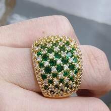 Luxurious Vintage Golden Color Copper Wide-Faced Ring, Green Synthetic Zirconia Inlaid Ring, Elegant And Timeless Ring For Women - Gold - View 11