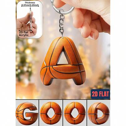 2D平面亚克力钥匙扣 - 单个装。这款钥匙扣采用酷炫的篮球主题字母设计，是送给篮球运动员和球迷的专属礼物。可用作包包挂饰、钥匙扣、生日礼物或派对小礼品。（2D平面设计）