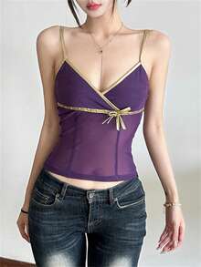 Kliou 夏季女士吊带背心，性感午夜金边蝴蝶结 Y2K 风格透视拼接吊带衫，休闲百搭 - 紫色 - 查看 8