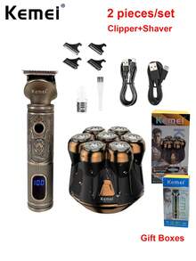 Kemei 新款电动理发器剃须刀套装,金属理发器,低噪音理发机,7D电动剃须刀,男士可充电剃须刀,专业沙龙或家用,男士胡须修剪及剃须,光头剃须刀,男士礼物,高品质男士专属礼物,生日礼物,父亲节礼物 - 查看 12