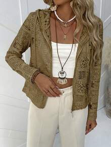 Vacation Style Casual Crochet Lace Zip-Up Hooded Cardigan - Brown - View 3
