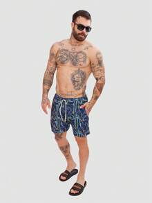 Shorts Masculino Folhagem Azul Básico Tactel com Bolsos e cordão praia, treino, corrida - Geométrica Azul - Visão 4