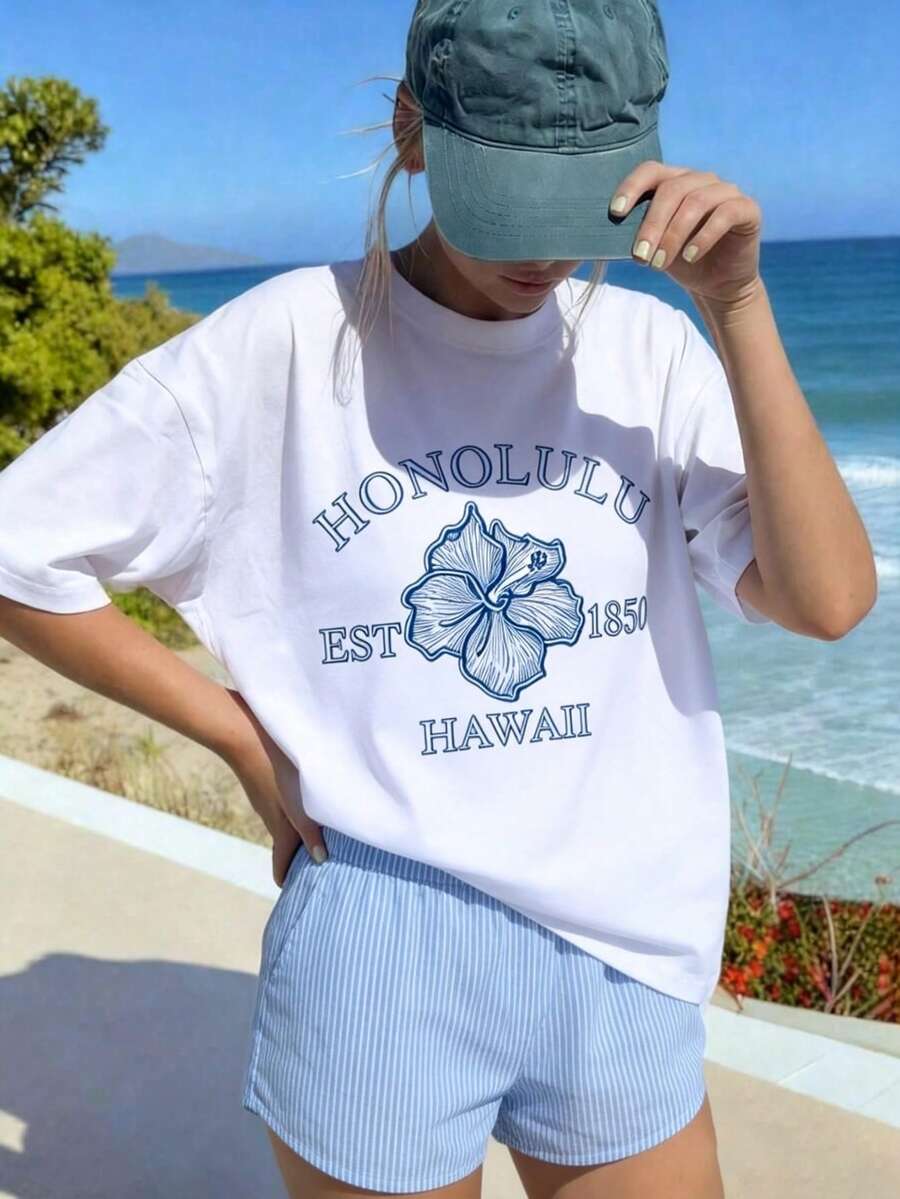 卡通花卉印花圆领T恤，柔软休闲上衣，适合年轻女孩，春夏款 - 白色 - 查看 1